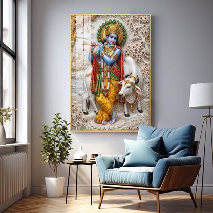 Shri Krishna With Cow Premium Acrylic Vertical Wall Art