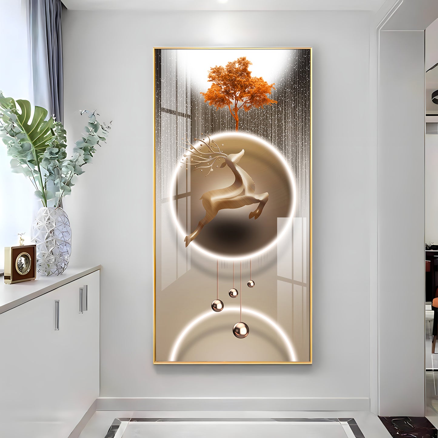 Golden Deer With Orange Tree Premium Acrylic Vertical Wall Art