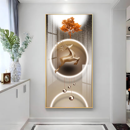 Golden Deer With Orange Tree Premium Acrylic Vertical Wall Art