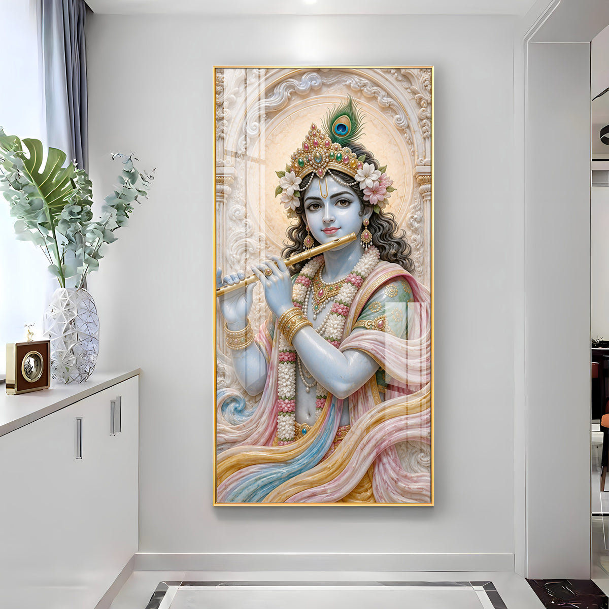 Divine Krishna With Bansuri Premium Acrylic Vertical Wall Art