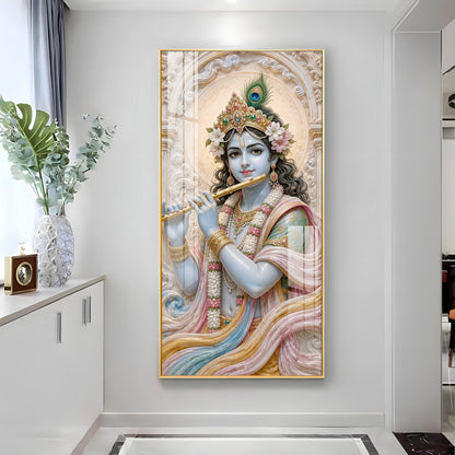 Divine Krishna With Bansuri Premium Acrylic Vertical Wall Art