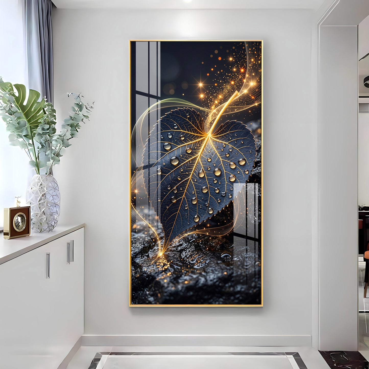 Golden Water Droplet Leaf Premium Acrylic Vertical Wall Art