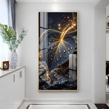 Golden Water Droplet Leaf Premium Acrylic Vertical Wall Art