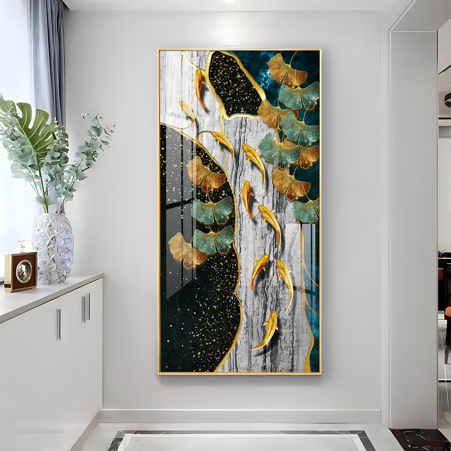 Gold Fish & Feathers Premium Acrylic Vertical Wall Art