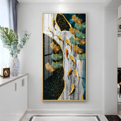 Gold Fish & Feathers Premium Acrylic Vertical Wall Art