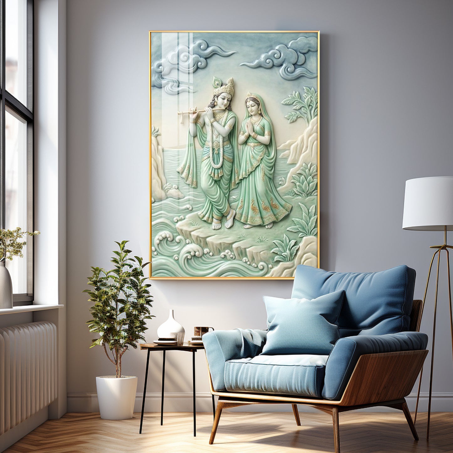 Krishna Playing The Flute Beside Radha Premium Acrylic Vertical Wall Art