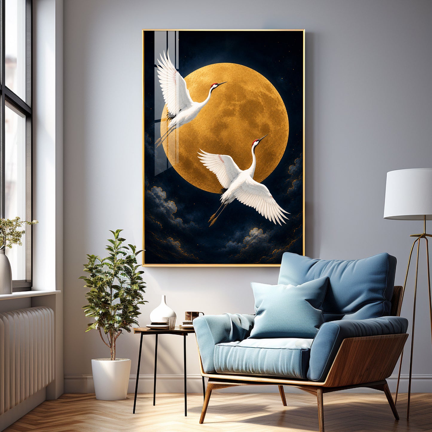 Golden Full Moon & Flying Cranes Premium Acrylic Vertical Wall Art