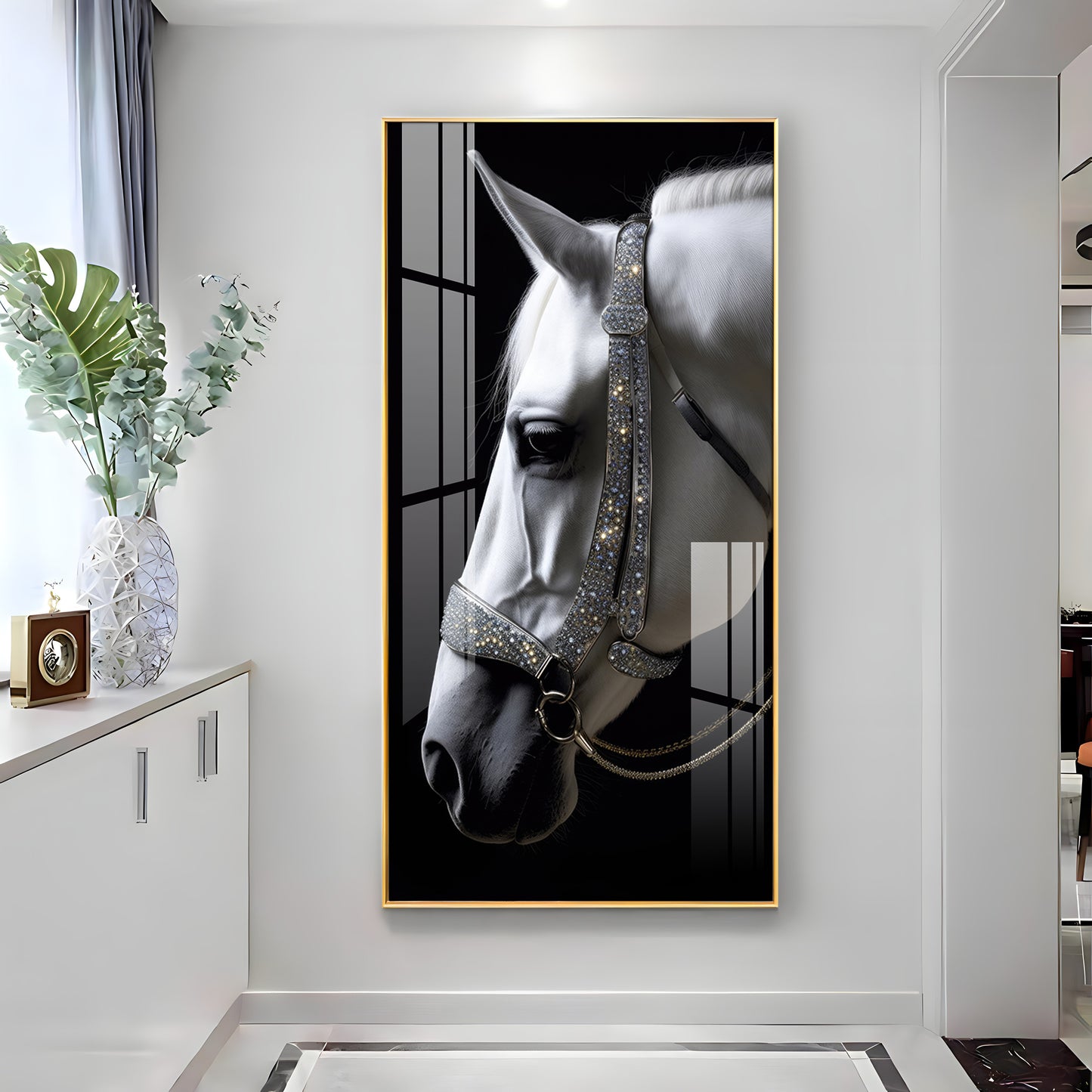 White Horse With Black Background Premium Acrylic Vertical Wall Art