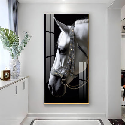 White Horse With Black Background Premium Acrylic Vertical Wall Art