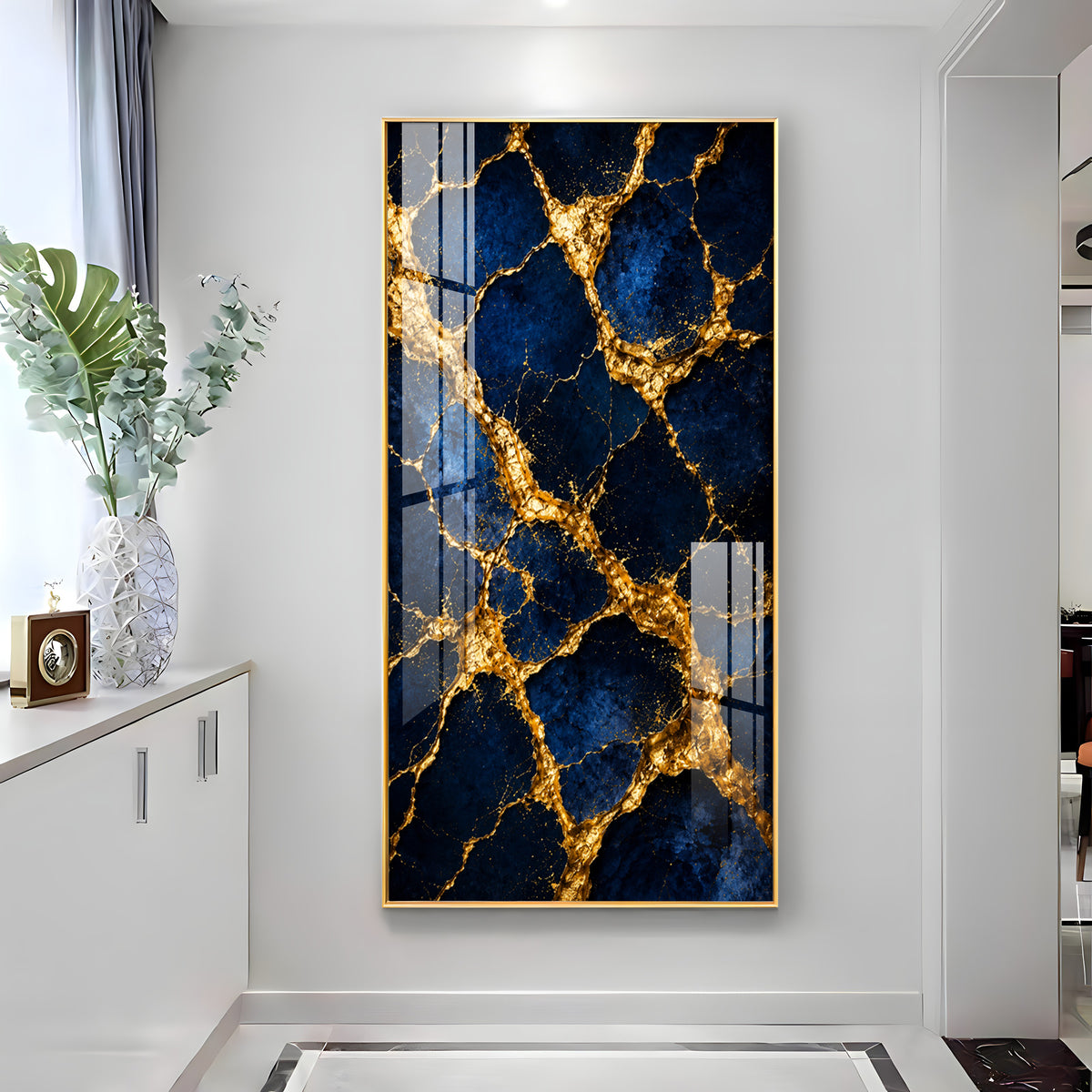 Luxurious Blue & Gold Cracked Marble Premium Acrylic Vertical Wall Art