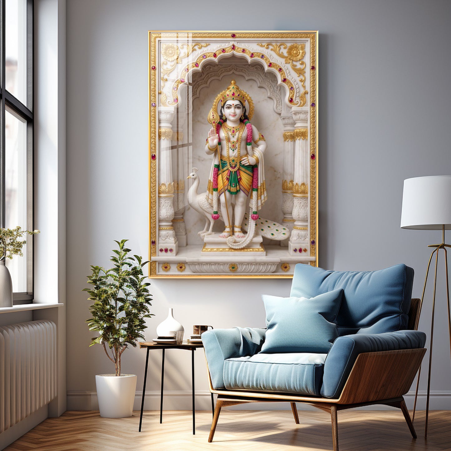 Lord Murugan With White Peacock Premium Acrylic Vertical Wall Art