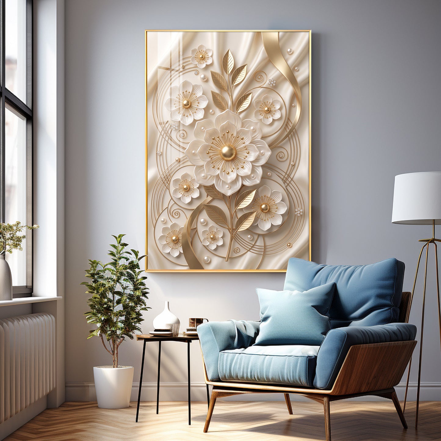 White & Gold Floral Carving Premium Acrylic Vertical Wall Art