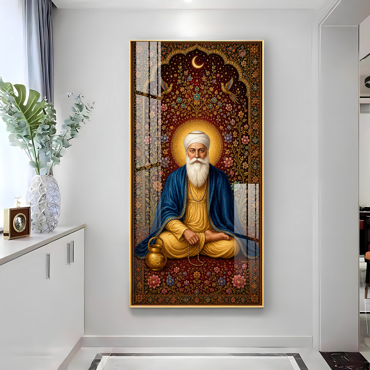 Guru Nanak Dev Ji Seated Meditation Blue Shawl Premium Acrylic Vertical Wall Art