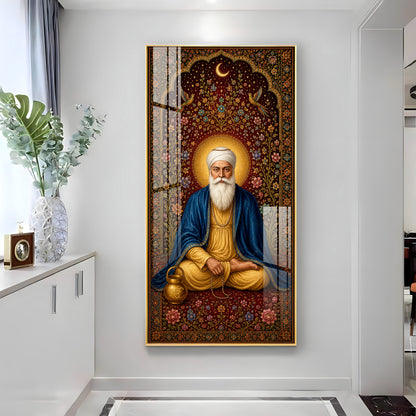 Guru Nanak Dev Ji Seated Meditation Blue Shawl Premium Acrylic Vertical Wall Art