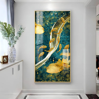 Modern Golden Koi Fish & Lotus Premium Acrylic Vertical Wall Art