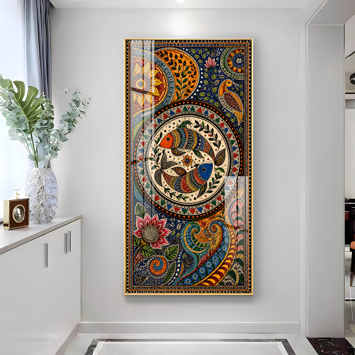 Traditional Folk Art Dual Fish & Floral Mandala Premium Acrylic Vertical Wall Art