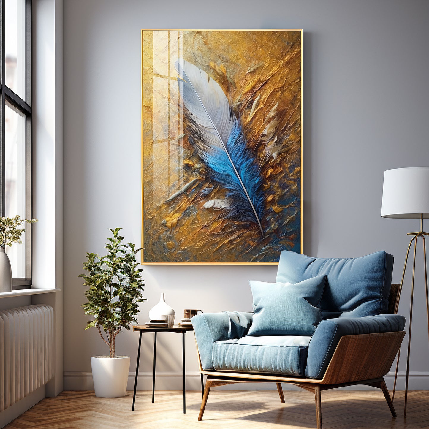 White & Blue Grace Of Leaf Premium Acrylic Vertical Wall Art