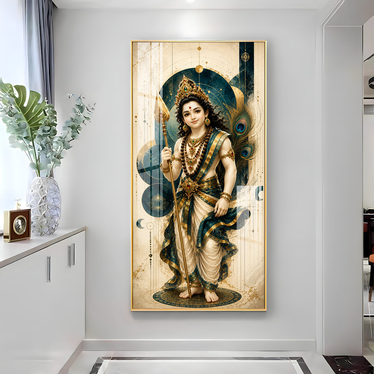 Sacred Lord Murugan & Peacock Feather Premium Acrylic Vertical Wall Art