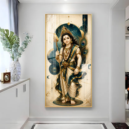 Sacred Lord Murugan & Peacock Feather Premium Acrylic Vertical Wall Art
