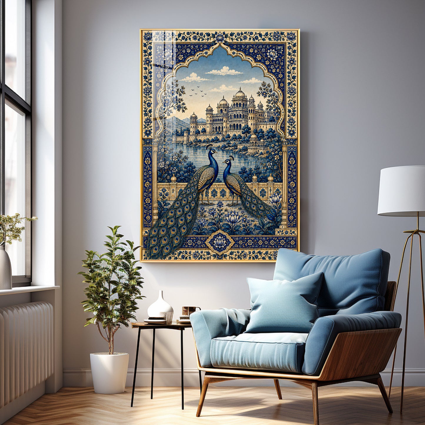 Royal Blue Peacocks & Palace Premium Acrylic Vertical Wall Art