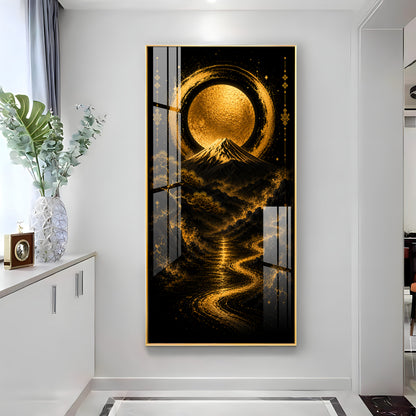 Golden Moon & Sacred Mountain Landscape Premium Acrylic Vertical Wall Art