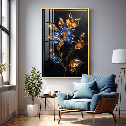 Blue & Gold Flower Premium Acrylic Vertical Wall Art