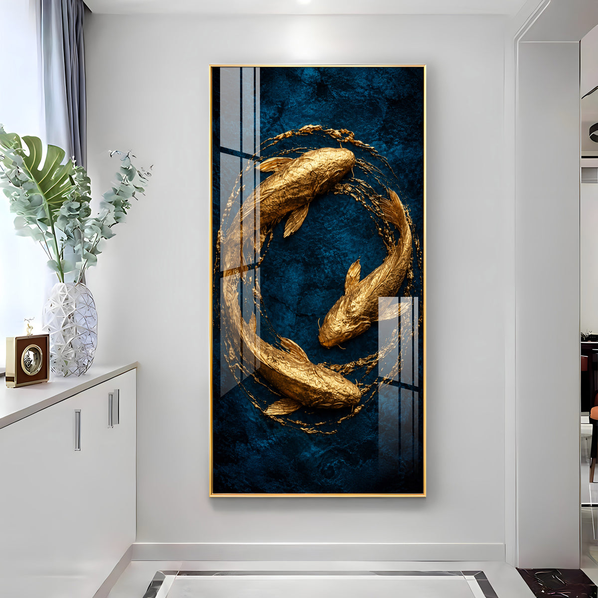 Majestic Golden Koi Circle Background Premium Acrylic Vertical Wall Art