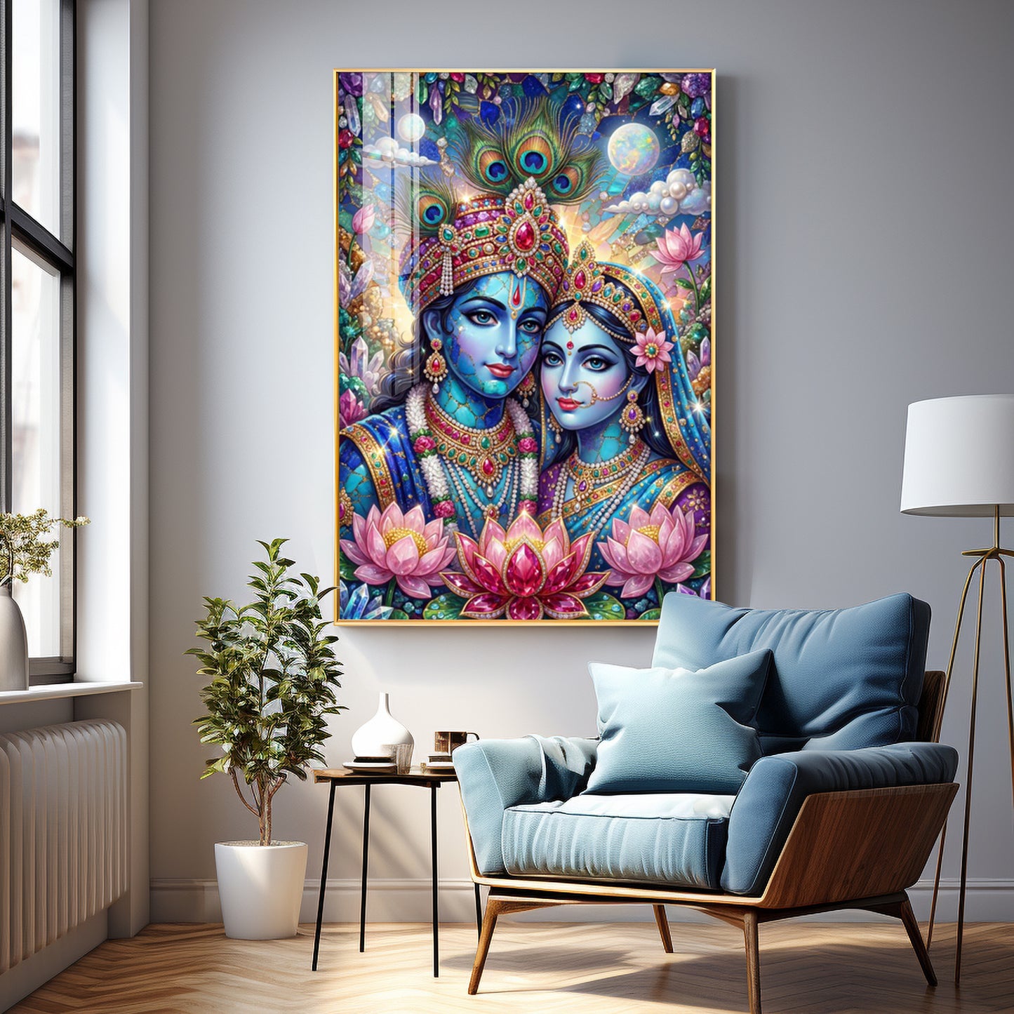 Radha Krishna With Blooming Lotus Flowers Premium Acrylic Vertical Wall Art
