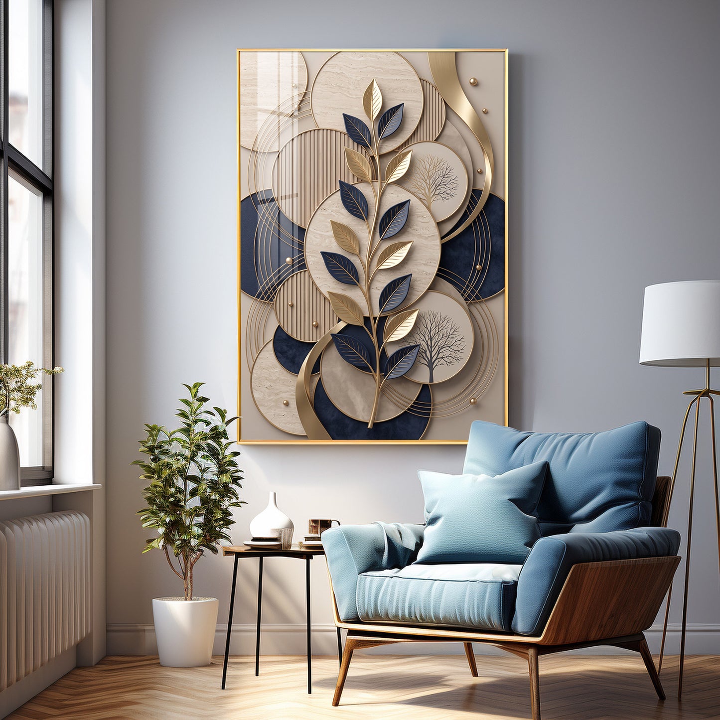 Luxury Navy Blue & Gold Leaves Premium Acrylic Vertical Wall Art