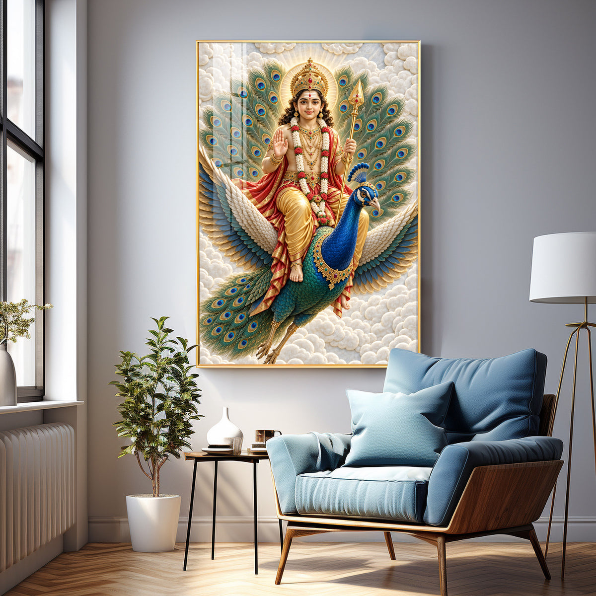 Lord Murugan With Peacock & Vel Premium Acrylic Vertical Wall Art