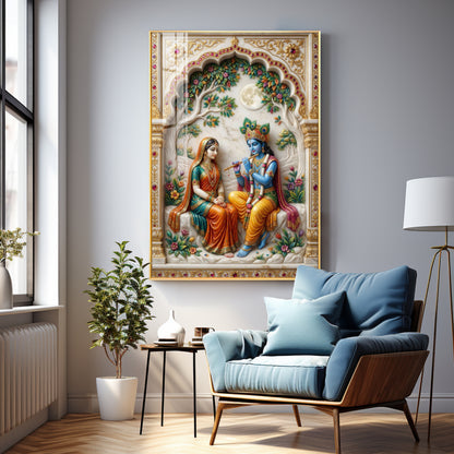 Depiction Of Krishna With Radha Premium Acrylic Vertical Wall Art
