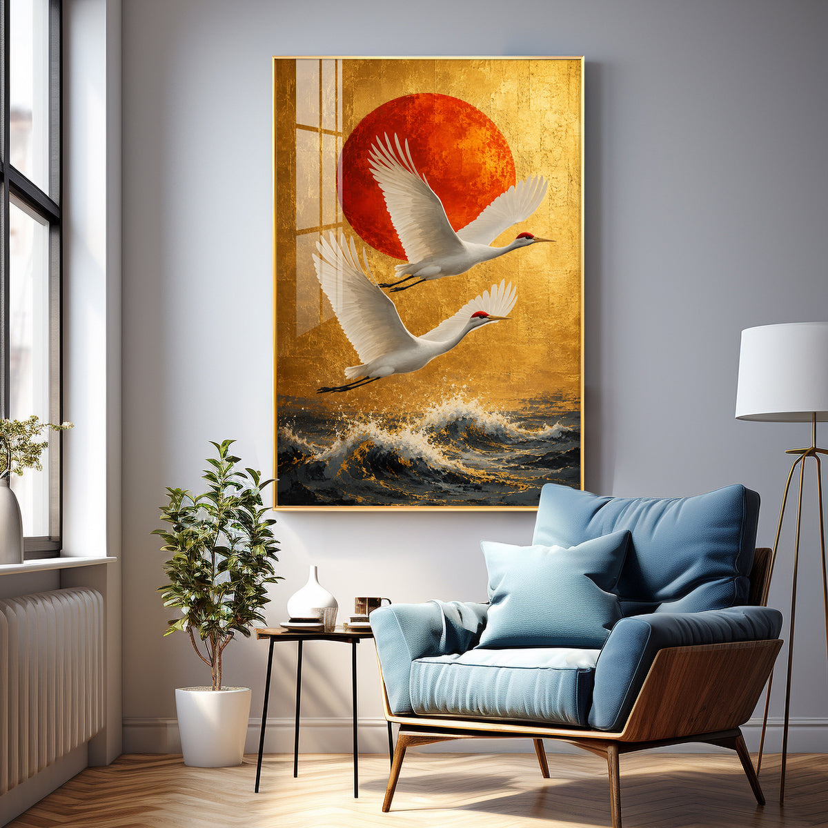Cranes Over the Ocean & Red Sun Premium Acrylic Vertical Wall Art