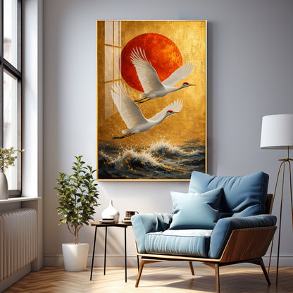 Cranes Over the Ocean & Red Sun Premium Acrylic Vertical Wall Art
