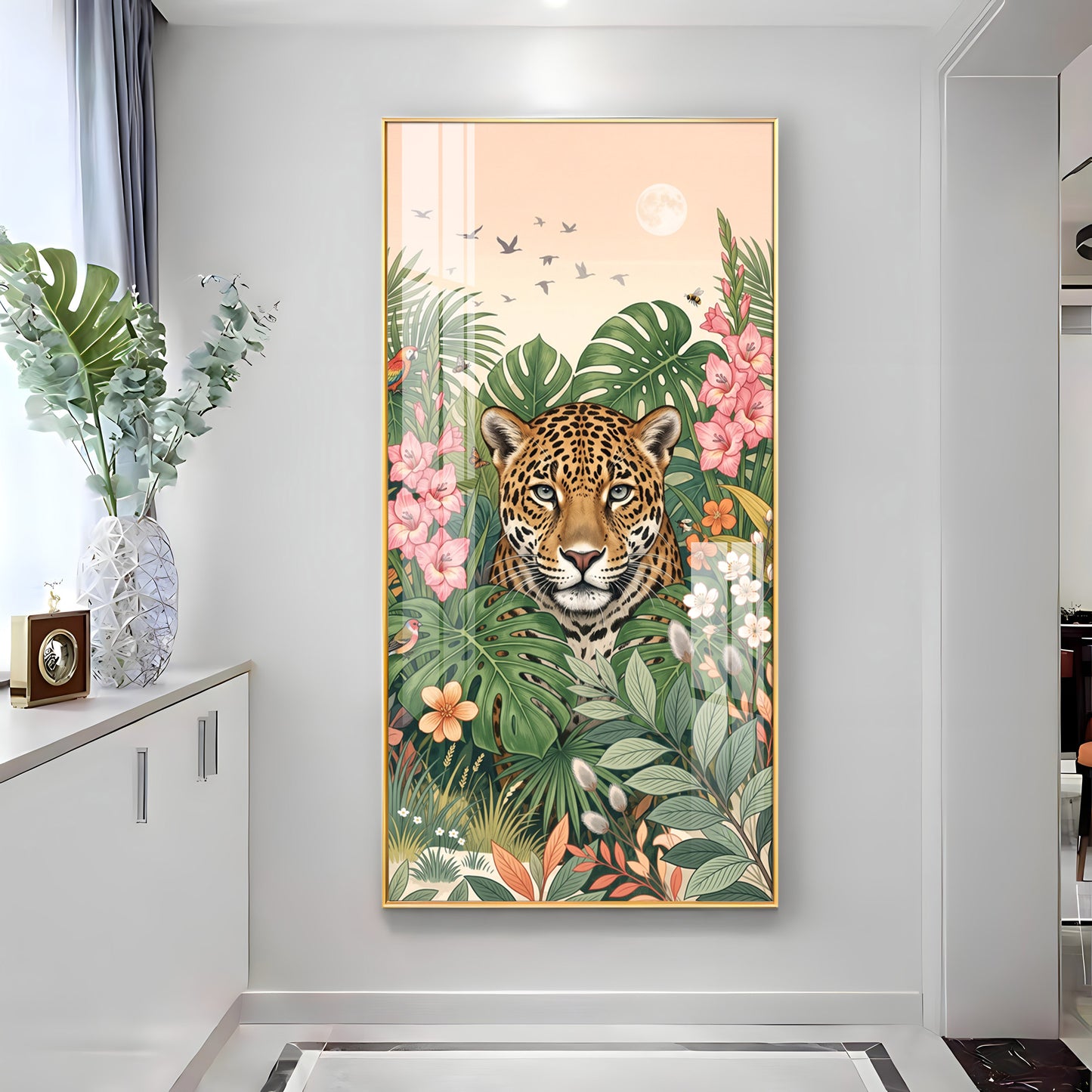 Tropical Jungle Leopard & Floral Leaves Premium Acrylic Vertical Wall Art