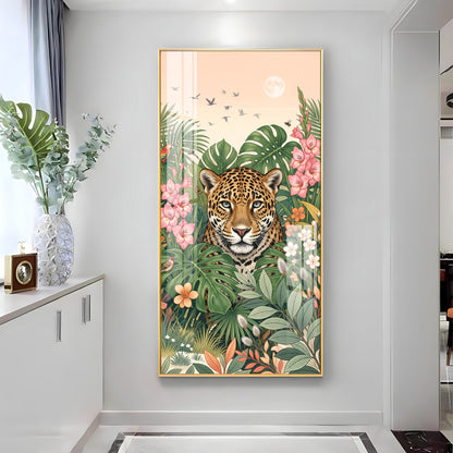 Tropical Jungle Leopard & Floral Leaves Premium Acrylic Vertical Wall Art