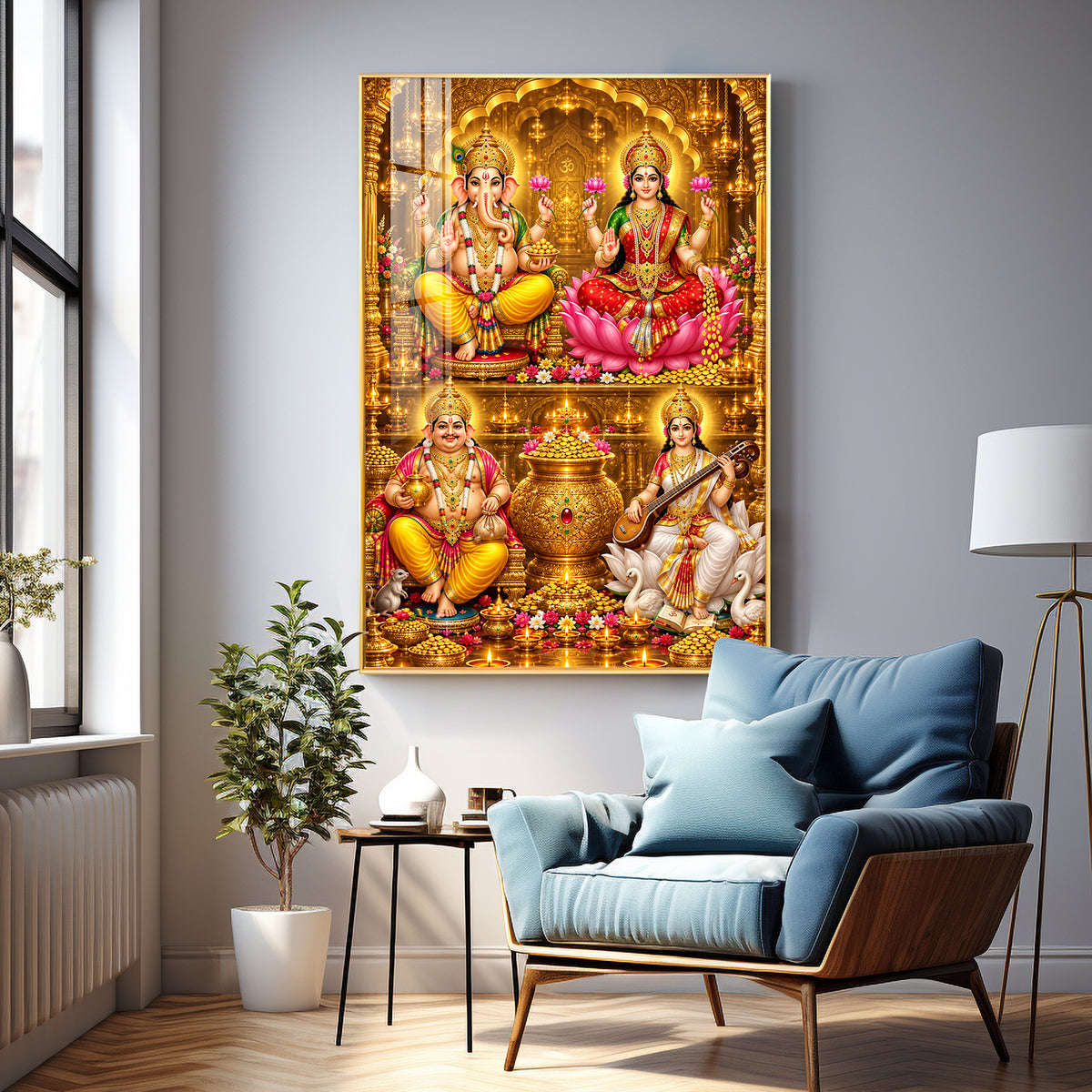 Goddess laxmi, Saraswati, Lord ganesh & Kuber Premium Acrylic Vertical Wall Art