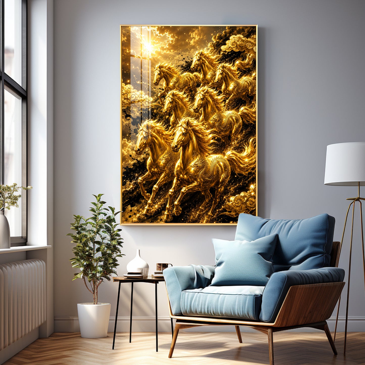 Golden Seven Horses Premium Acrylic Vertical Wall Art