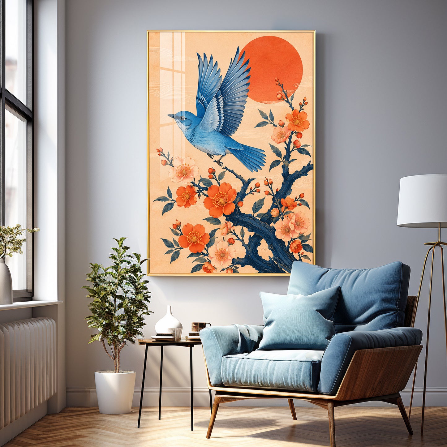 Flying Bluebird & Orange Blossoms Premium Acrylic Vertical Wall Art