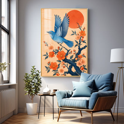 Flying Bluebird & Orange Blossoms Premium Acrylic Vertical Wall Art