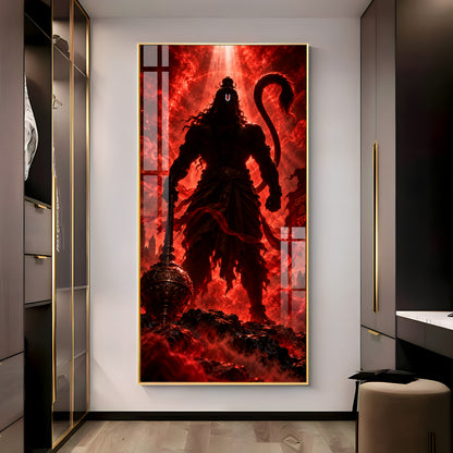 Hanuman Silhouette in Red Glow Premium Acrylic Vertical Wall Art