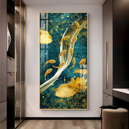 Modern Golden Koi Fish & Lotus Premium Acrylic Vertical Wall Art