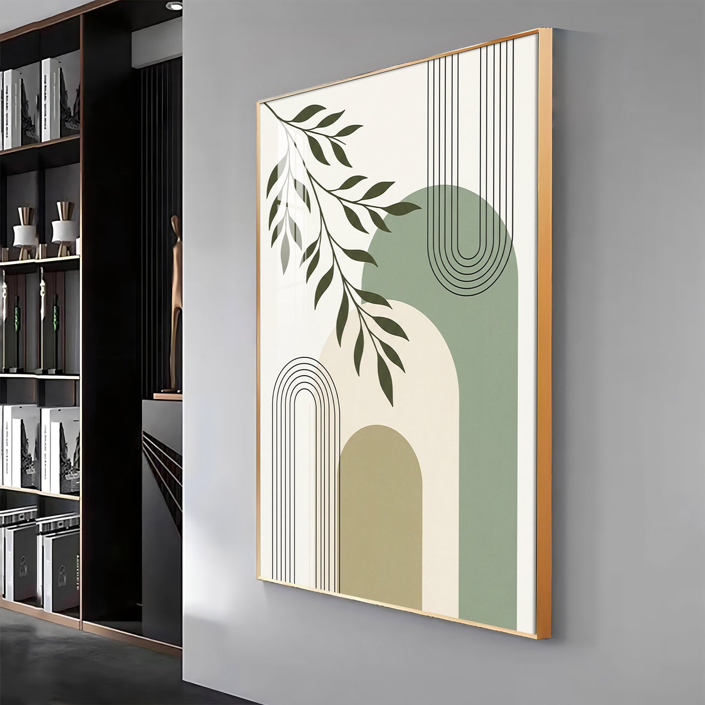Green Leaf Against Geomatric Shape Premium Acrylic Vertical Wall Art