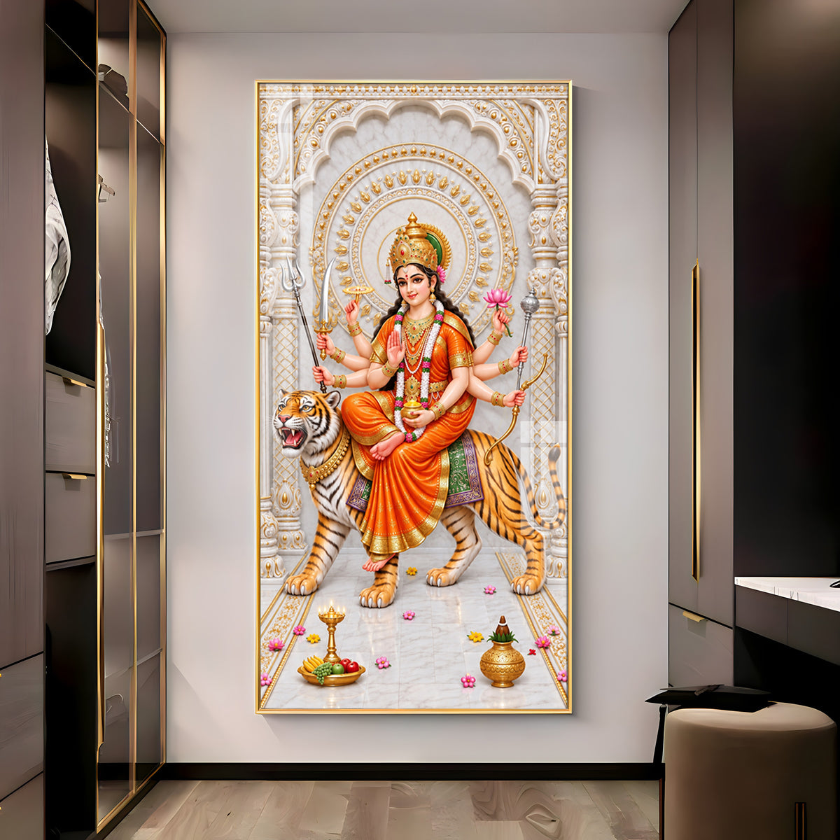 Durga Mata In Orange Attire Premium Acrylic Vertical Wall Art
