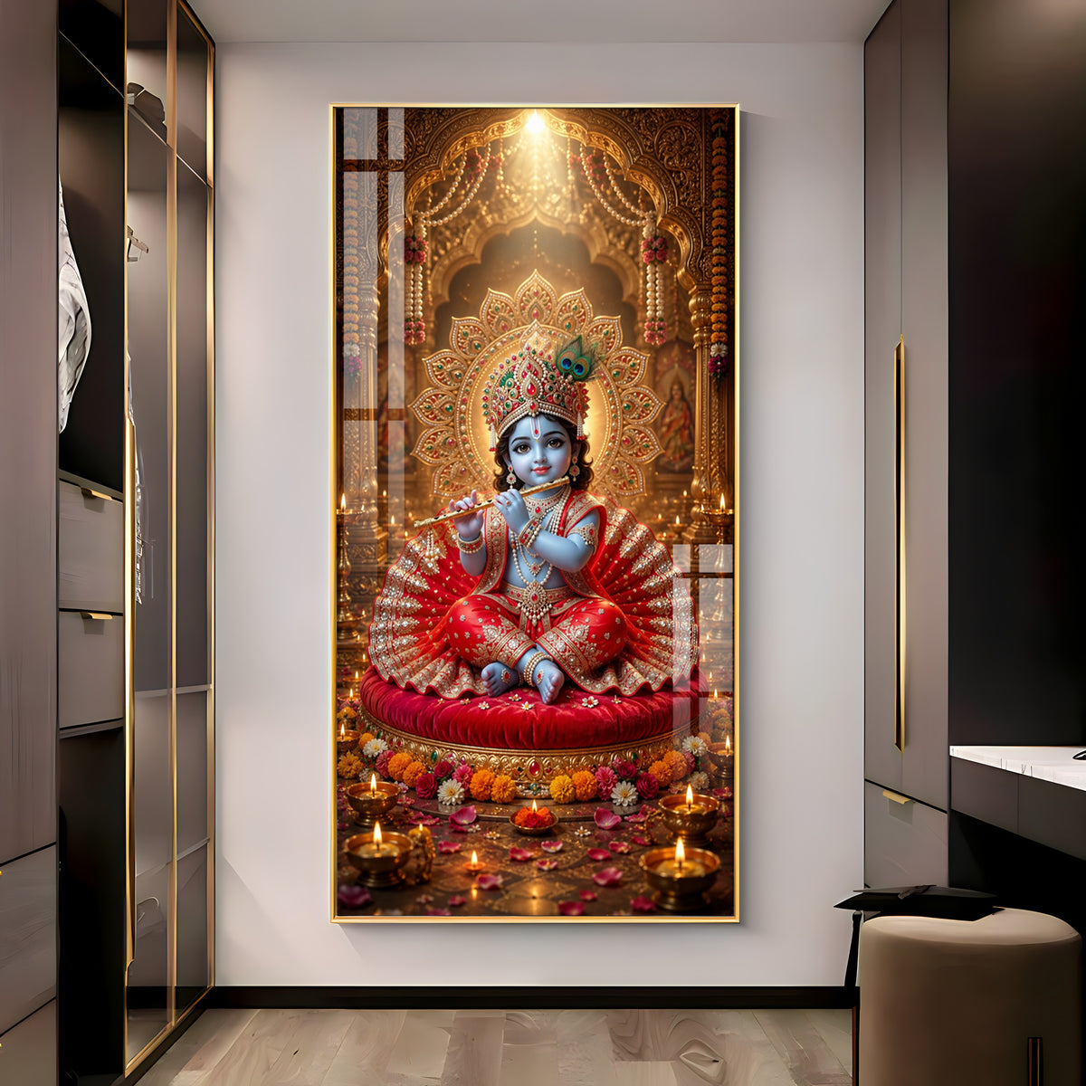 Divine Bal Krishna With Makhan Matki Premium Acrylic Vertical Wall Art