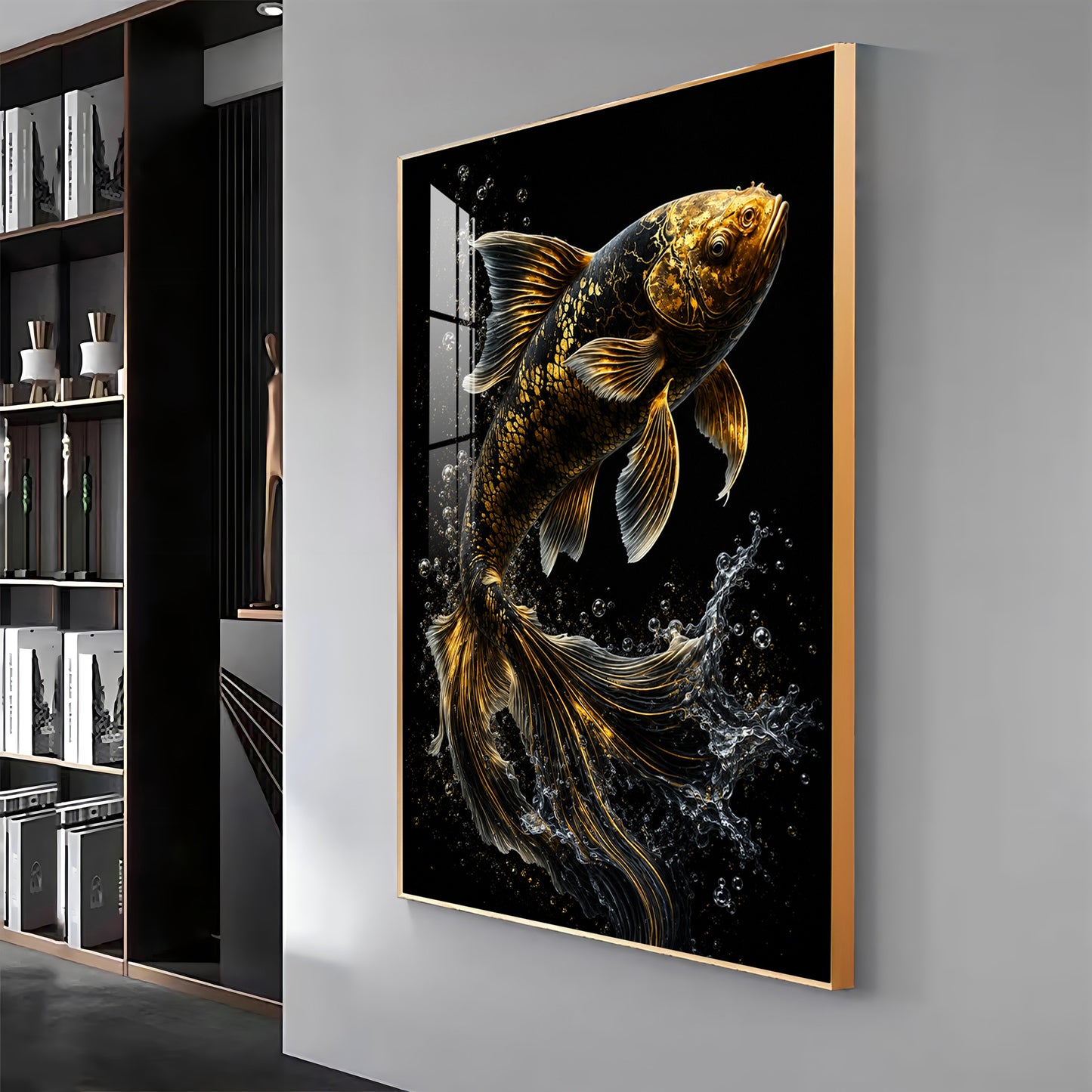 Golden Koi Splash Premium Acrylic Vertical Wall Art