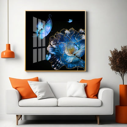 Blue Butterfly With Blue Flower Premium Acrylic Square Wall Art