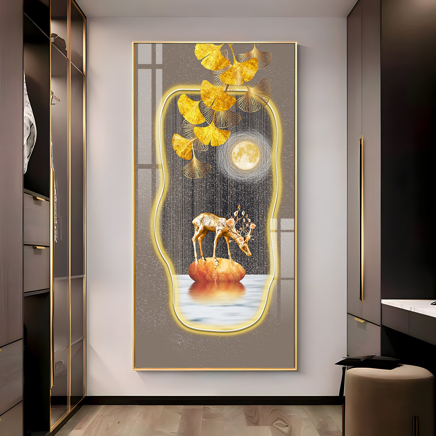 Golden Deer & Gingko Premium Acrylic Vertical Wall Art