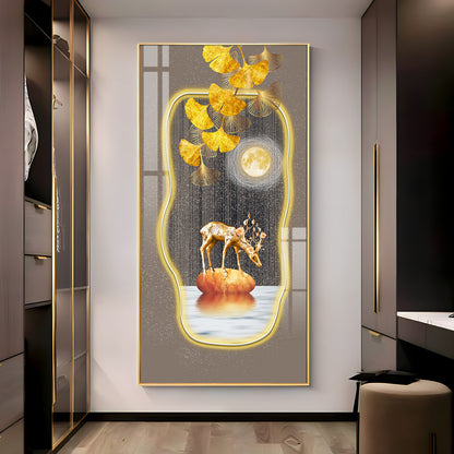 Golden Deer & Gingko Premium Acrylic Vertical Wall Art