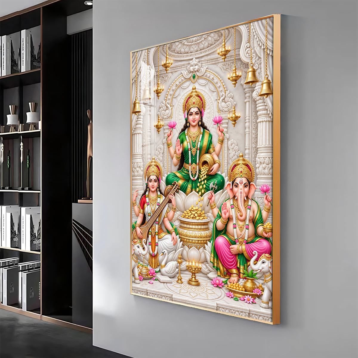 Maa Laxmi Saraswati Ganesha Premium Acrylic Vertical Wall Art