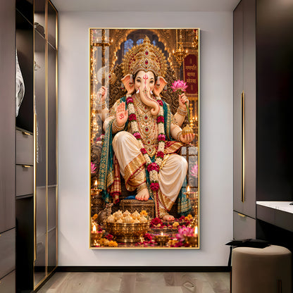Ganpati Bappa Morya Golden Throne Premium Acrylic Vertical Wall Art